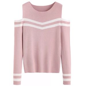 Pink striped open shoulder sweater